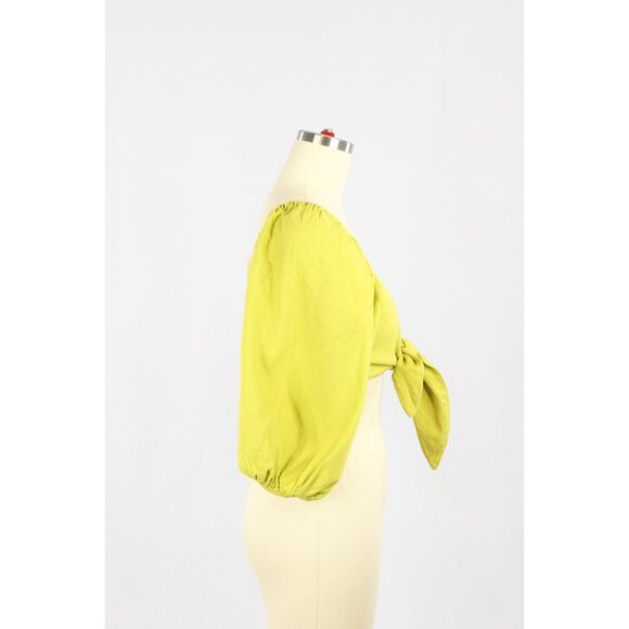 FARM RIO Chartreuse Green Linen Front Tie Puff Sleeve Crop Top Blouse, Size PP - Picture 5 of 15